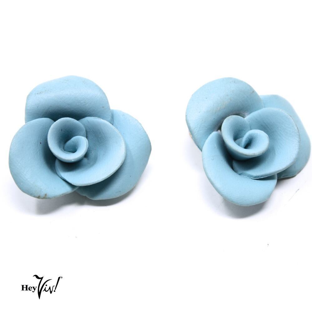 Vintage Blue Rose Clip On Earrings 3D Blooming Effect 1.5" Across - Hey Viv